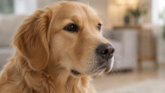 Primer plano de un golden retriever atento, con las orejas hacia atrás