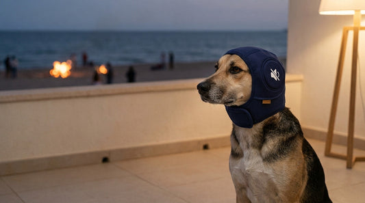 Perro tranquilo con el protector auditivo SORA en una terraza durante las hogueras de San Juan