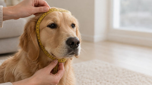Manos midiendo con una cinta métrica el contorno de la cabeza de un perro para elegir la talla