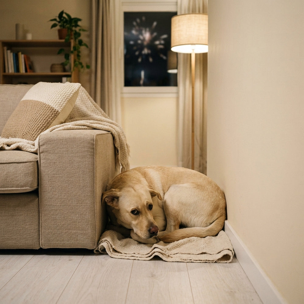 Perro escondido junto al sofá durante una noche de petardos, sin protección