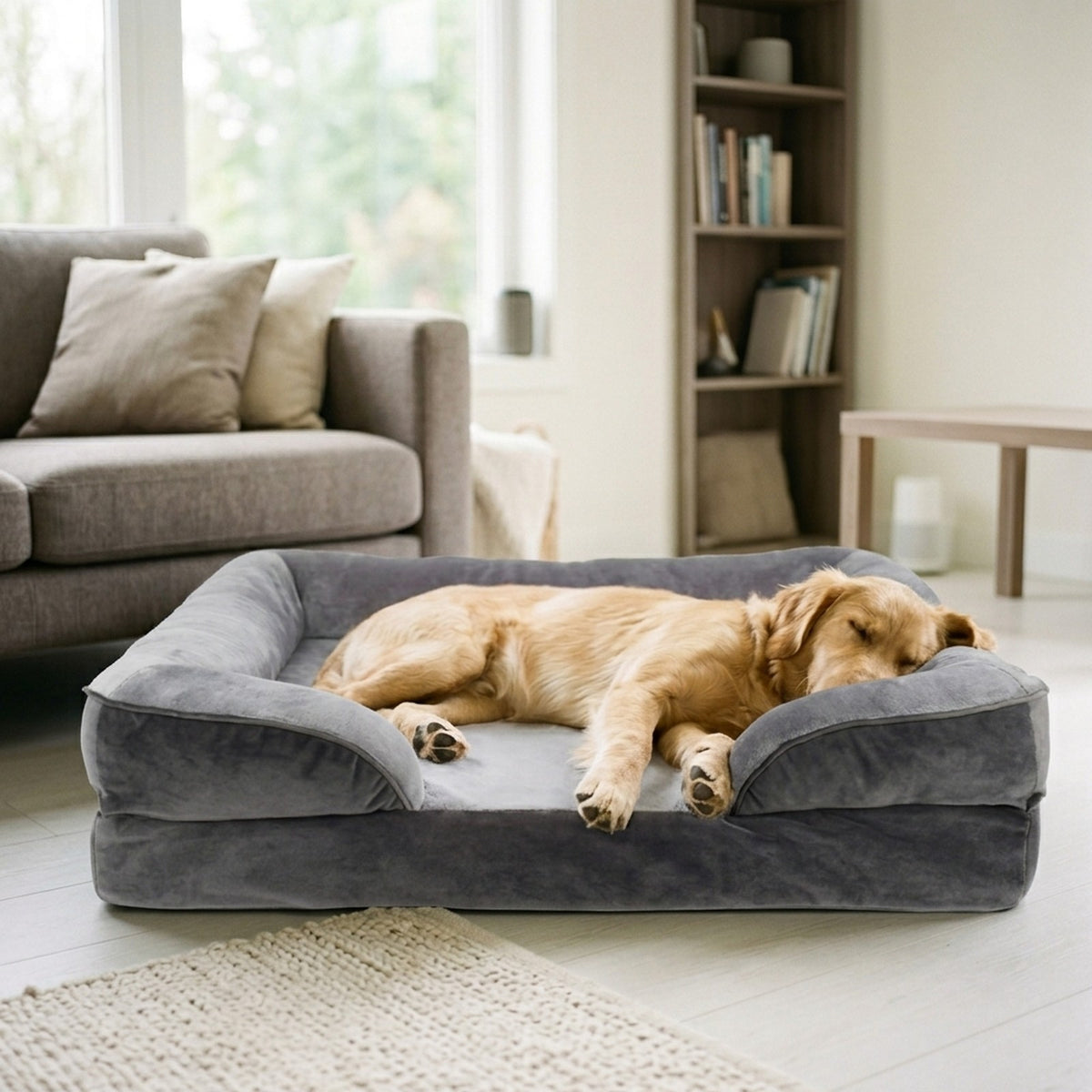 Golden retriever durmiendo estirado en la cama antiestrés SORA gris en un salón luminoso