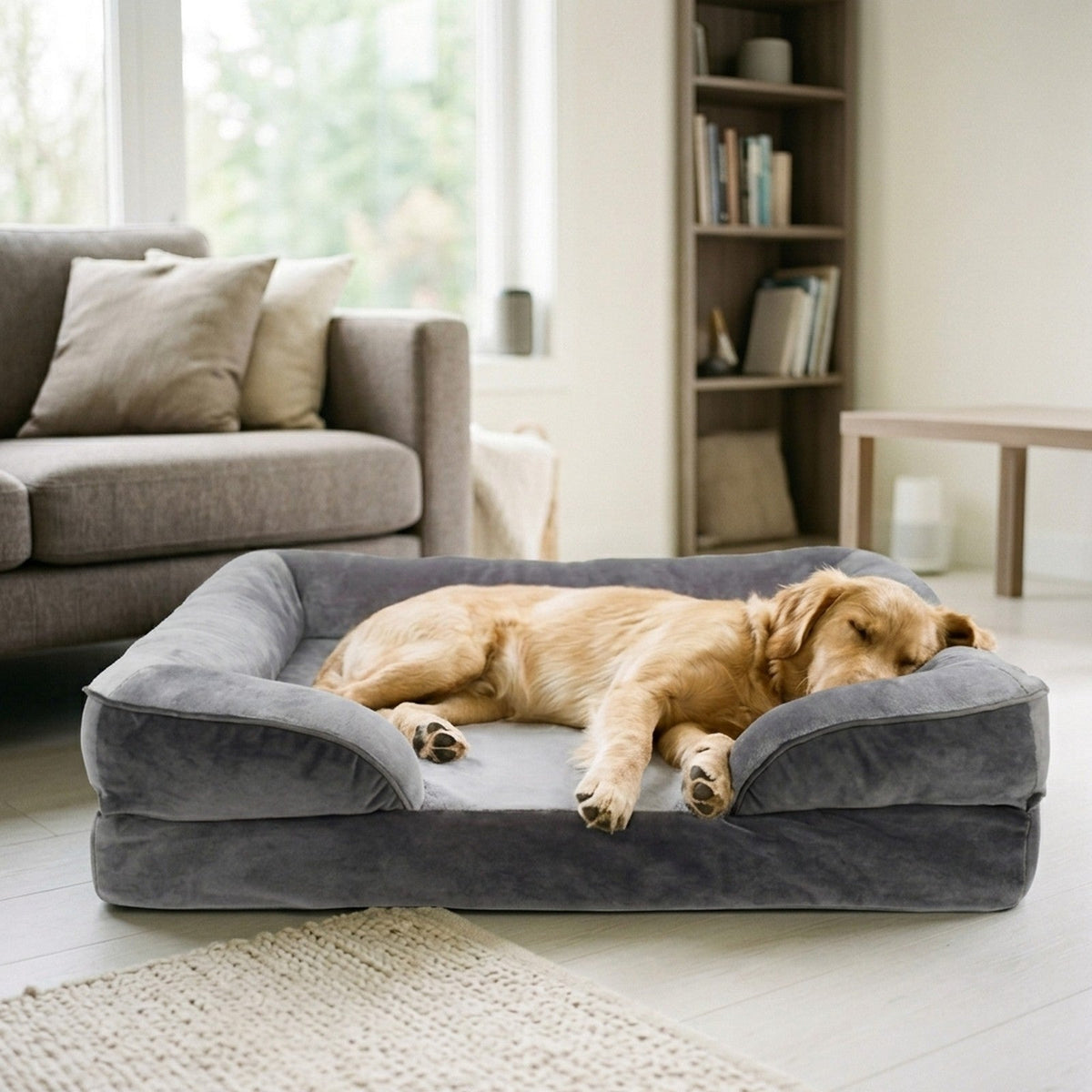 Golden retriever durmiendo estirado en la cama antiestrés SORA gris en un salón luminoso