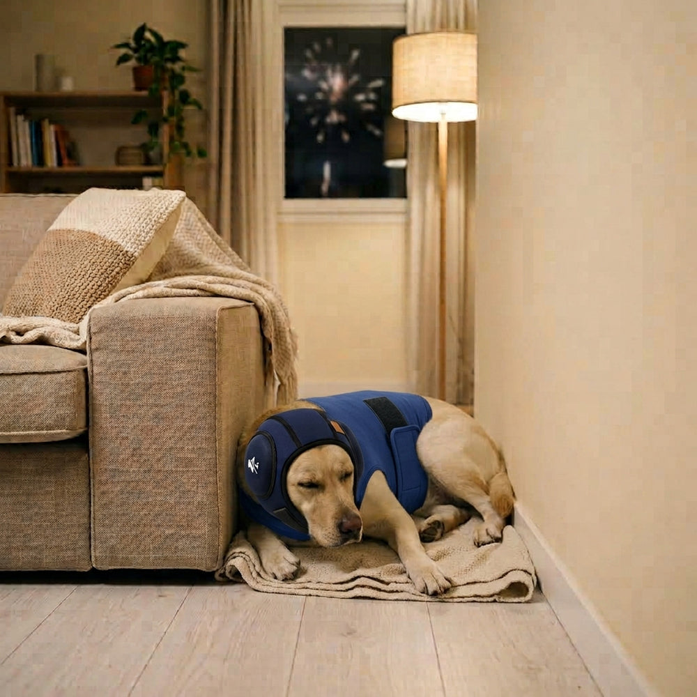 El mismo perro tranquilo con el protector auditivo y el chaleco antiestrés SORA puestos