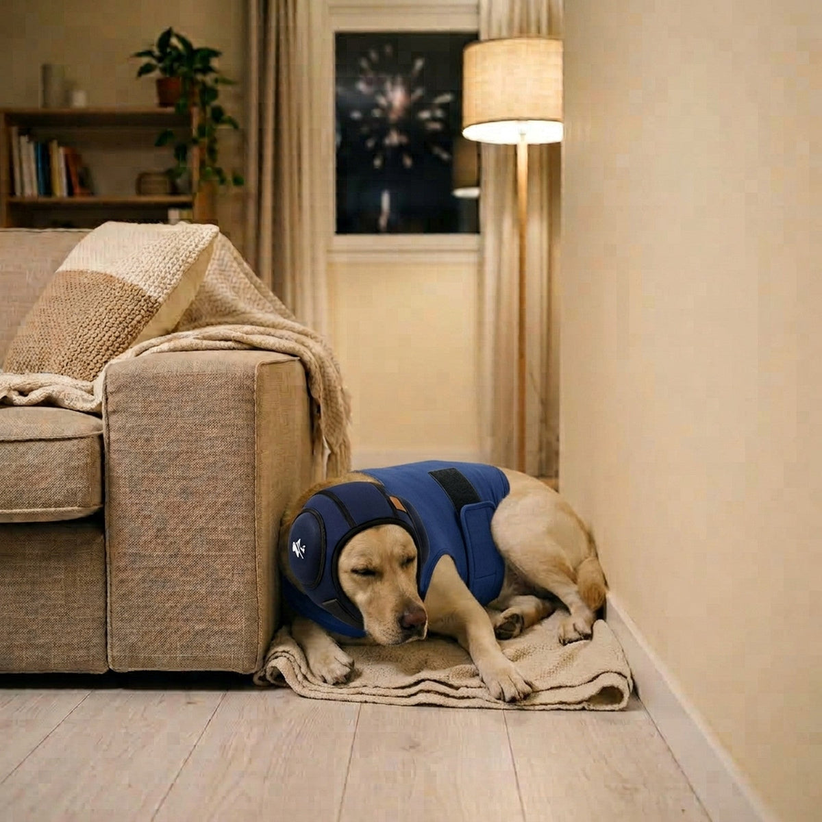 Perro tranquilo con el protector auditivo y el chaleco antiestrés SORA puestos durante los petardos