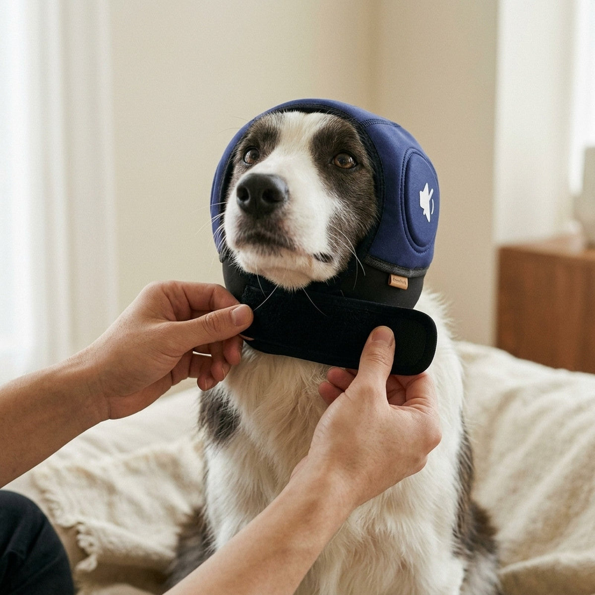 Manos cerrando la tira de velcro del protector auditivo SORA bajo la barbilla de un border collie