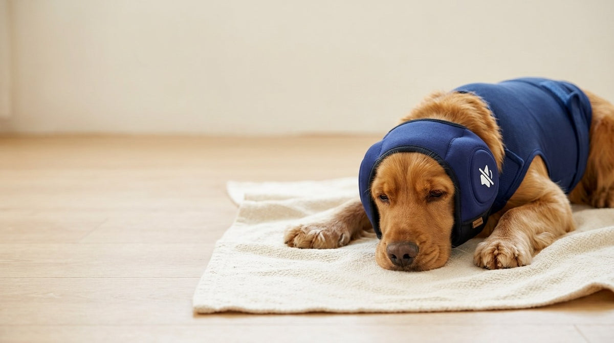 Perro dorado descansando en el suelo de un salón con el chaleco antiestrés y el protector auditivo SORA puestos