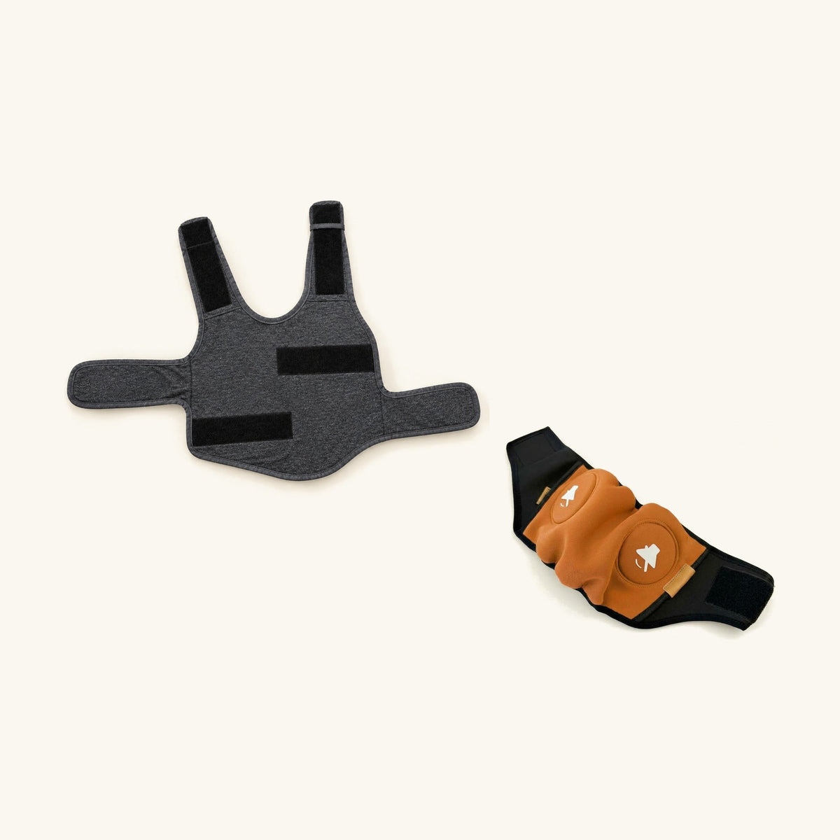 Kit Calma SORA: chaleco antiestrés gris oscuro y protector auditivo naranja, vistos en plano