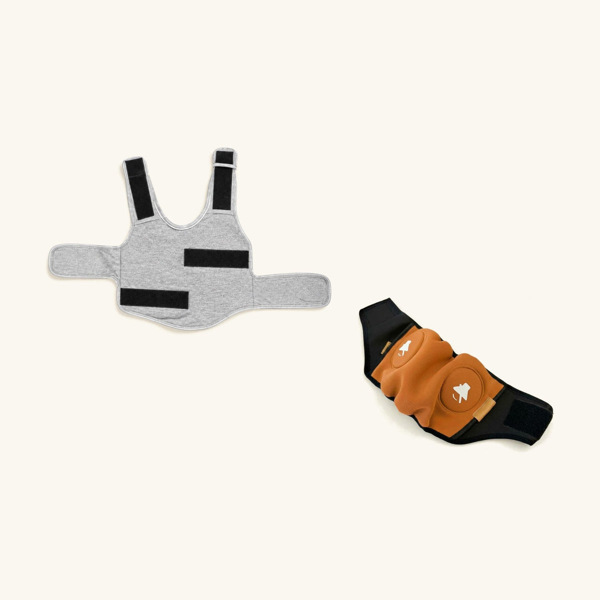Kit Calma SORA: chaleco antiestrés gris claro y protector auditivo naranja, vistos en plano