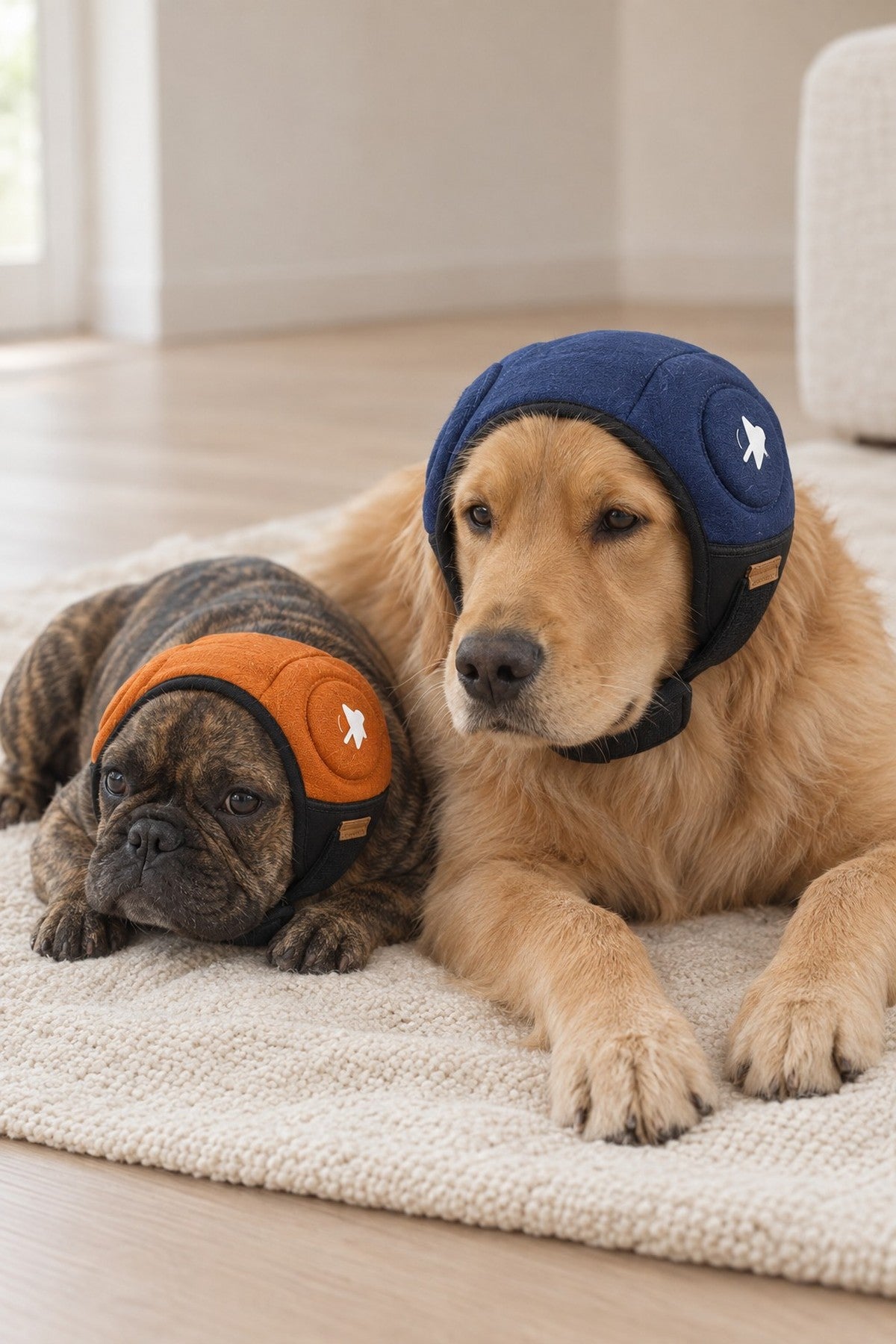 Dos perros juntos con los protectores auditivos SORA puestos, uno azul marino y otro naranja