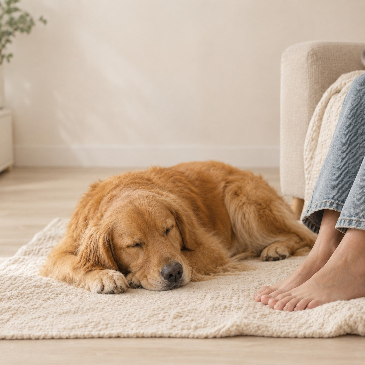 Perro dormido en una alfombra junto a los pies de su dueño, sin ningún producto puesto