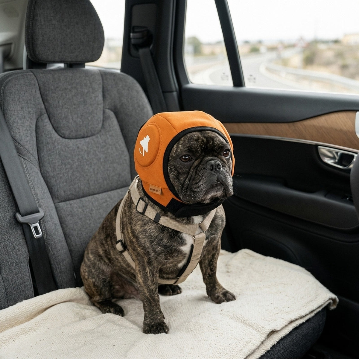 Bulldog francés con el protector auditivo SORA naranja en el asiento trasero del coche