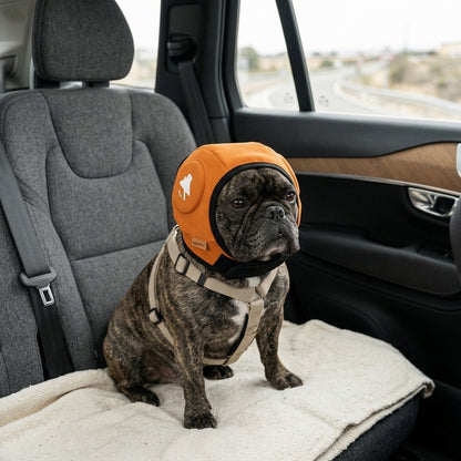 Bulldog francés con el protector auditivo SORA naranja en el asiento trasero del coche