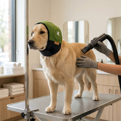 Perro con el protector auditivo SORA verde en la peluquería canina mientras le secan