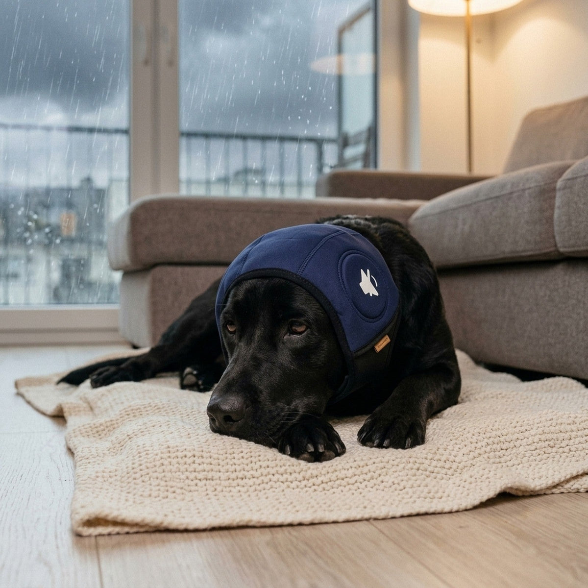 Labrador negro tranquilo con el protector auditivo SORA azul marino durante una tormenta