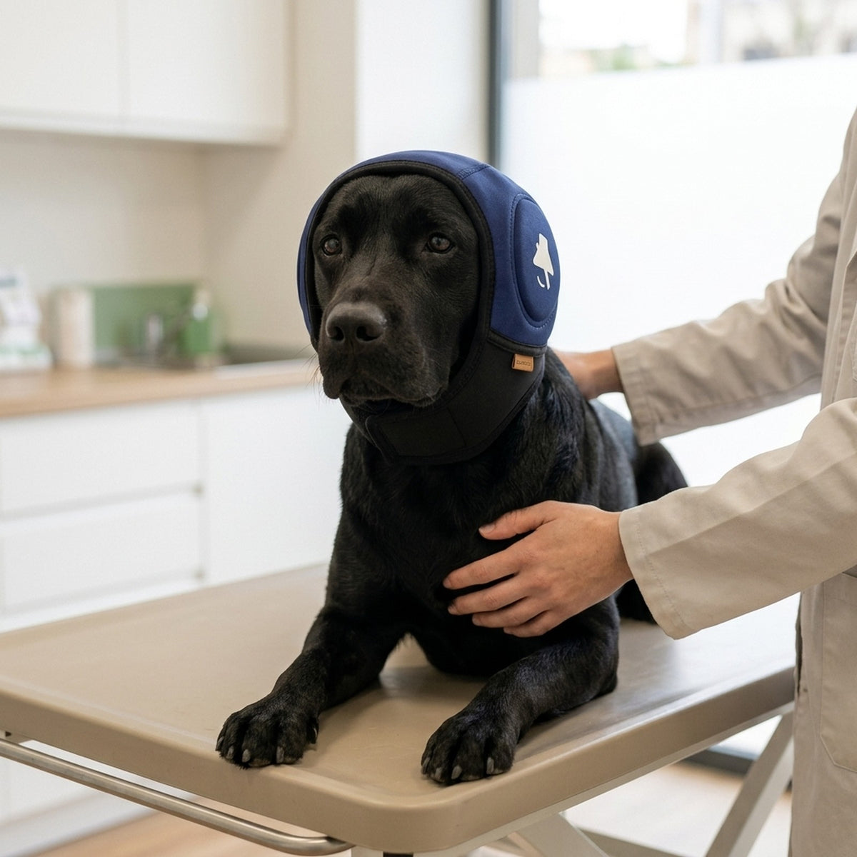 Labrador negro con el protector auditivo SORA azul marino en la consulta del veterinario