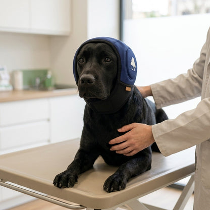Labrador negro con el protector auditivo SORA azul marino en la consulta del veterinario